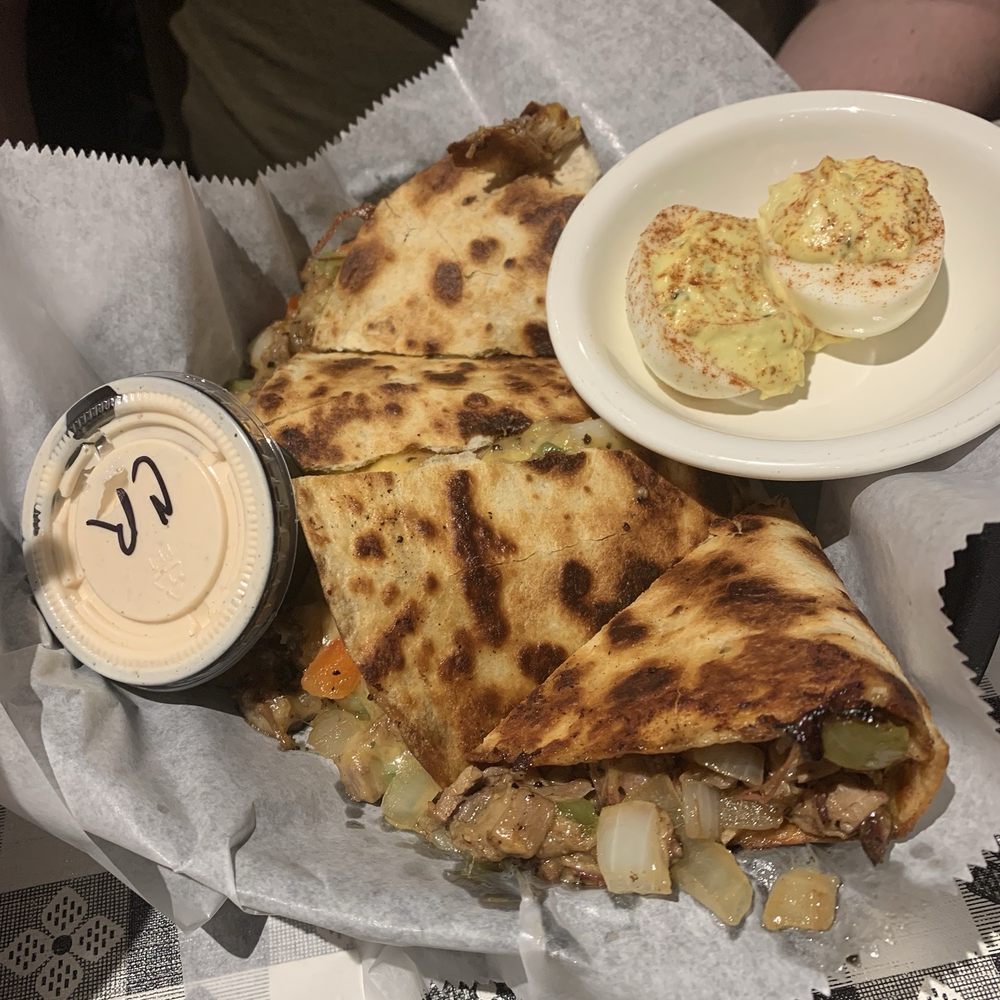 Magnolia Smokehouse Grill - Brisket quesadilla with deviled eggs - Barbeque Near Me - Grenada, Mississippi Magnolia Smokehouse Grill - Brisket quesadilla with deviled eggs - Barbeque Near Me - Grenada, Mississippi