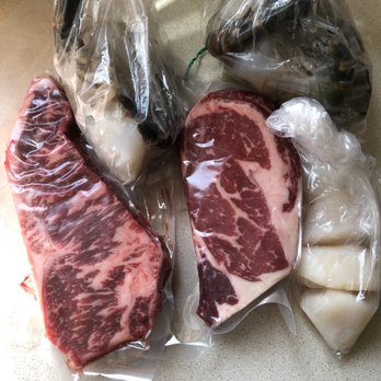 Pape Meat - Australia waygu left and to the Right ribeye dry aged . With Prawns and scallops. - Meat Shops Near Me - Millbrae, California Pape Meat - Australia waygu left and to the Right ribeye dry aged . With Prawns and scallops. - Meat Shops Near Me - Millbrae, California