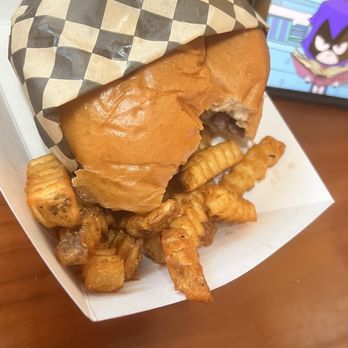 Double B's Burgers - Cheese burger (plain) with crinkle fries - Burgers Near Me - Modesto, California Double B's Burgers - Cheese burger (plain) with crinkle fries - Burgers Near Me - Modesto, California