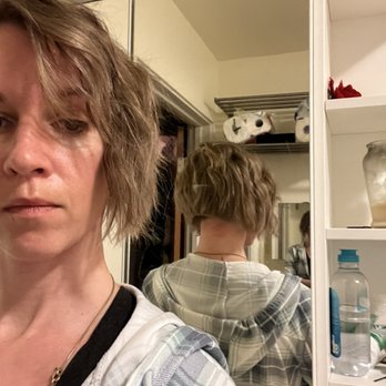 iSalon - After restyling myself (looks better than when I left the salon, back of "Bob", cuts on neck from razor - Hair Salons Near Me - Alameda, California