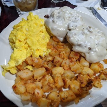 The Original Pancake House - Biscuits in sausage gravy with scrambled eggs cooked to order and home fries. - Breakfast & Brunch Near Me - Baltimore, Maryland
