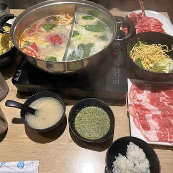 Shabu Club - Large beef and regular lamb with tonkotsu and spicy tonkatsu broth - Japanese Near Me - San Francisco, California Shabu Club - Large beef and regular lamb with tonkotsu and spicy tonkatsu broth - Japanese Near Me - San Francisco, California