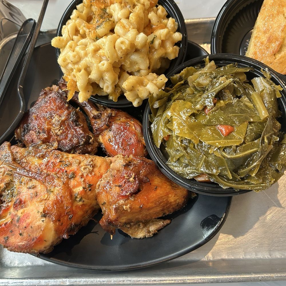 Baked chicken , mac& cheese and collard greens $23.99 Baked chicken , mac& cheese and collard greens $23.99