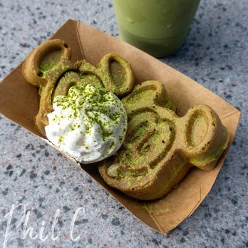 Schmoozies! - Matcha Mickey-shaped Waffles with banana custard inside - Coffee & Tea Near Me - Anaheim, California Schmoozies! - Matcha Mickey-shaped Waffles with banana custard inside - Coffee & Tea Near Me - Anaheim, California