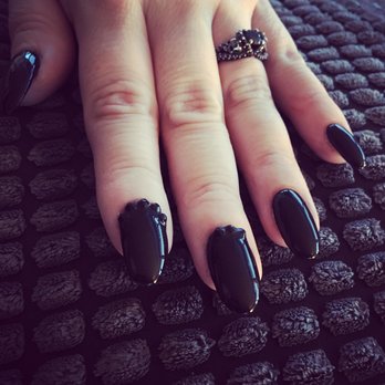 Nails Republic - These black biogels with "crowns" of stones on two accent fingers were pretty, but the index finger tips were crooked. - Nail Salons Near Me - Toronto, Ontario