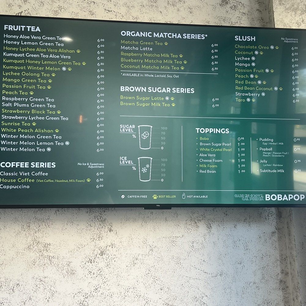 BobaPOP Tea Bar - Menu 06/2025 - Tea Rooms Near Me - Garden Grove, California BobaPOP Tea Bar - Menu 06/2025 - Tea Rooms Near Me - Garden Grove, California