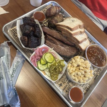 Kafi BBQ - Pomegranate burnt ends, brisket, TX twinkies, beans and mac n cheese. House pickled veggies and homemade bread - Barbeque Near Me - Irving, Texas