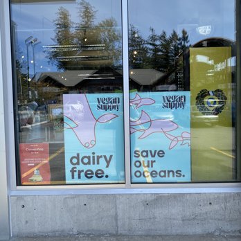Vegan Supply Surrey - a storefront window with a sign saying dairy free save our oceans - Health Markets Near Me - Surrey, British Columbia Vegan Supply Surrey - a storefront window with a sign saying dairy free save our oceans - Health Markets Near Me - Surrey, British Columbia
