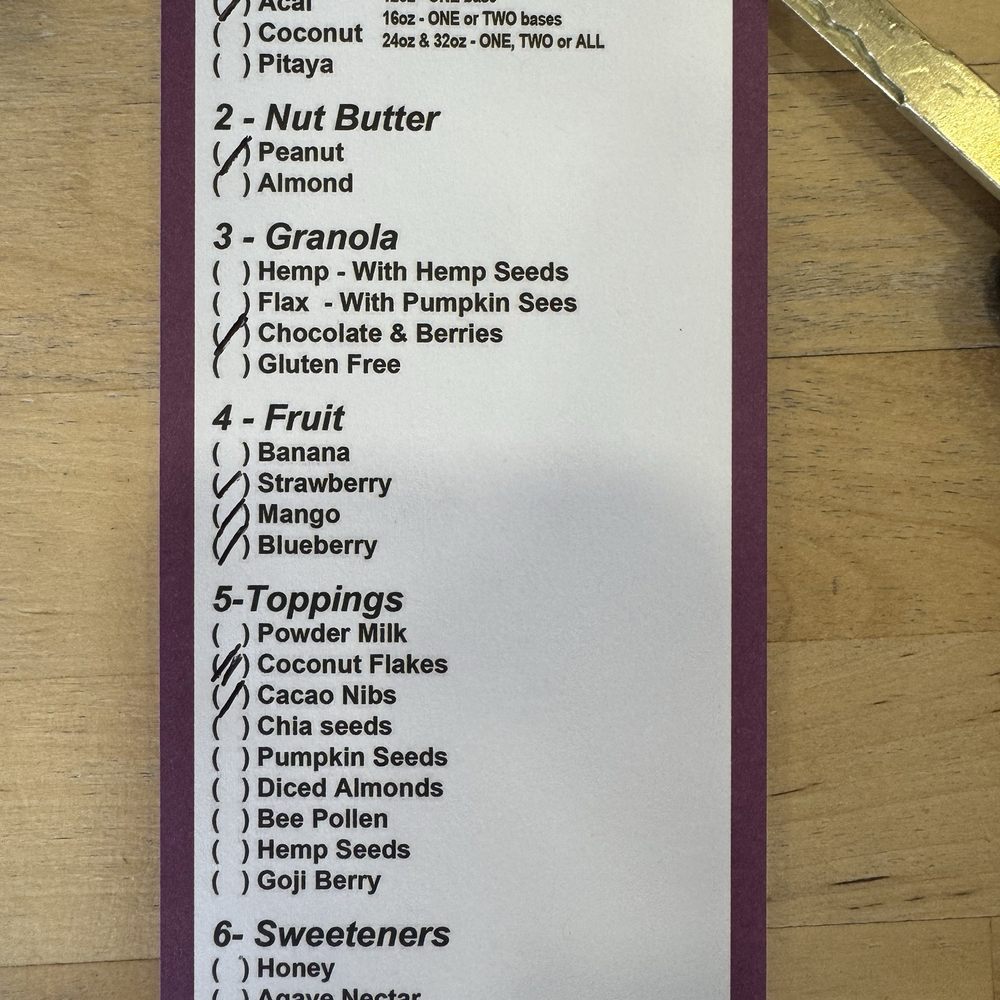 Acai Point HB - Menu of what we ordered you can choose as many as you like priced by the size you choose. - Juice Bars & Smoothies Near Me - Huntington Beach, California Acai Point HB - Menu of what we ordered you can choose as many as you like priced by the size you choose. - Juice Bars & Smoothies Near Me - Huntington Beach, California