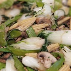 Sideways Kitchen - Stir fried vegetable of bok choi, mushrooms, baby corn, snap peas
