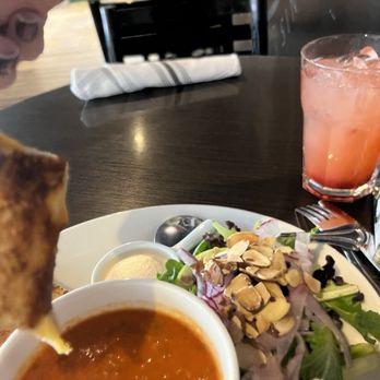 The Cheese Board - The Trio for lunch- tomato basil soup, grilled cheese and a small salad with strawberry lemonade. - American Near Me - Reno, Nevada The Cheese Board - The Trio for lunch- tomato basil soup, grilled cheese and a small salad with strawberry lemonade. - American Near Me - Reno, Nevada