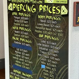 Piercing prices October 2024 Piercing prices October 2024