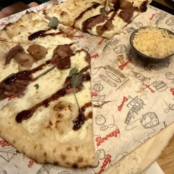 Simmzy's - Bacon Date Pizza $22.00 Mascarpone date mix, mozzarella cheese, Nueske's bacon, sage, balsamic syrup - Gastropubs Near Me - Long Beach, California