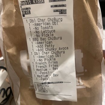 Habit Burger & Grill - Our receipt with what we ordered. Clearly not what was in the bag. - Burgers Near Me - Downey, California