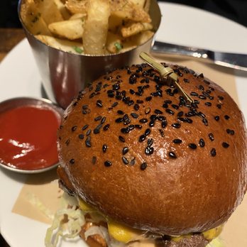 Brimstone Bar - The Padre Burger with great fries! Lightly salted and crispy. - New American Near Me - Bakersfield, California Brimstone Bar - The Padre Burger with great fries! Lightly salted and crispy. - New American Near Me - Bakersfield, California