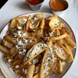 Mood Restaurant & Cafe - Greek Fries - cut nicely, ask for ketchup and house made hot sauce. Feta on top was a nice touch