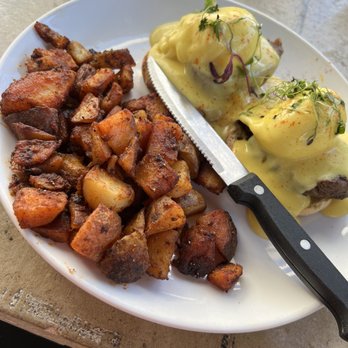Cafe Topes - Crack 'n Benedict- potatoes were tasty. Hollandaise a little weird tasting - Coffee & Tea Near Me - Carlsbad, California