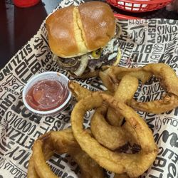Nikki's Bar and Grill - Smashburger with grilled onions & peppers + onion rings