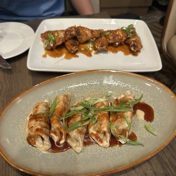 Kona Cafe - Pan-seared Pork-Vegetable Pot Stickers and Glazed Chicken Wings - Sushi Bars Near Me - Lake Buena Vista, Florida Kona Cafe - Pan-seared Pork-Vegetable Pot Stickers and Glazed Chicken Wings - Sushi Bars Near Me - Lake Buena Vista, Florida