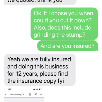 KD Tree Service Buffalo NY - A screenshot of a text message conversation between two individuals. The first person mentions adding a discount and a quoted price. The second person asks about cutting down a tree and stump grinding, and confirms insurance coverage. The conversation includes a thumbnail image of an insurance document, likely related to the insurance coverage discussed. The device shows the time as 11:04, with typical messaging app icons visible. - Tree Services Near Me - Buffalo, New York