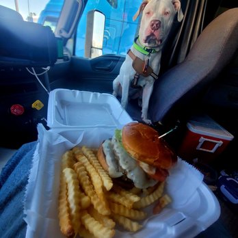 Country Pride - a dog sitting in the back seat of a car with a hamburger and french fries - Breakfast & Brunch Near Me - Valley Grove, West Virginia Country Pride - a dog sitting in the back seat of a car with a hamburger and french fries - Breakfast & Brunch Near Me - Valley Grove, West Virginia