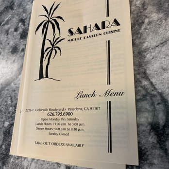 Sahara Middle Eastern Cuisine - Menu cover - Middle Eastern Near Me - Pasadena, California