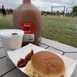The Orchard & Company - Hot apple cider, shredded chicken sandwich, gallon of cider.