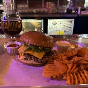 Downshift Brewing - Green chili cheeseburger with sweet potato waffle fries...recommended - Pizza Near Me - Ruidoso, New Mexico