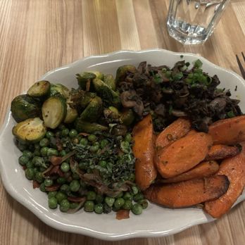 Westville Clarendon - Market Plate: brussels sprouts, green peas with bacon and caramelized onions, roasted mushrooms w/ fresh herbs, roasted sweet potatoes - American Near Me - Arlington, Virginia Westville Clarendon - Market Plate: brussels sprouts, green peas with bacon and caramelized onions, roasted mushrooms w/ fresh herbs, roasted sweet potatoes - American Near Me - Arlington, Virginia