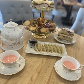 Proper Rose Garden - High tea tower with dumplings and rose milk tea - Themed Cafes Near Me - Katy, Texas