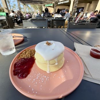 Burnt Crumbs - Soufflé pancakes with berry compote and vanilla cream. - New American Near Me - Irvine, California