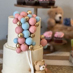 Baked By Bri - 8" base and 6" top with butter cream, fondant bear and chocolate balloons! Each layer was a different flavor!