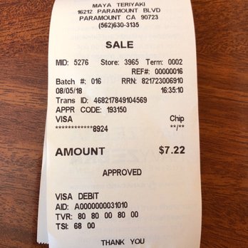 Maya Teriyaki House - a receipt for a restaurant - Japanese Near Me - Paramount, California Maya Teriyaki House - a receipt for a restaurant - Japanese Near Me - Paramount, California