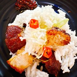 Asian Fusion Sea Valley - Crispy Pork Belly with white rice and fresh thai chilli