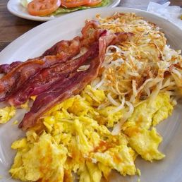 Bacon and 2 Eggs Plate Hash Browns Tomatoes