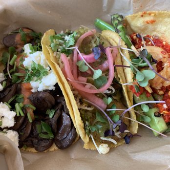 Chaia - Braised Mushroom Taco Sauteed Asparagus and Spring Garlic Taco Creamy Kale and Potato Taco - Tacos Near Me - Washington, DC, District of Columbia Chaia - Braised Mushroom Taco Sauteed Asparagus and Spring Garlic Taco Creamy Kale and Potato Taco - Tacos Near Me - Washington, DC, District of Columbia
