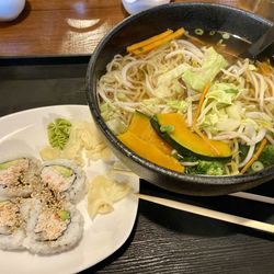 Veggie ramen with California rolls