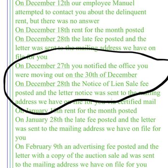 SuperStorage - If I was so severely past due how was I going to get through the gate to move out - A screenshot of a text message displayed on a mobile device, showing a lengthy message with multiple dates and notices related to rent and moving out. A black circle highlights the paragraph mentioning notification of moving out on December 30th and related notices. - Self Storage Near Me - Vista, California