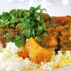 Kabana - Clockwise from left - roast cumin, dhal, coriander leaf, aubergine & potato, fried rice. £6 with a fresh chapati.