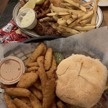 Pittsburgh Inn - Seafood platter with Lake Erie perch, crab cake and clam strips  Burger with bacon and American cheese - New American Near Me - Erie, Pennsylvania