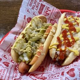 Two charred dogs (1) Chicago (1) Chili, sauerkraut, ketchup, mustard dog Two charred dogs (1) Chicago (1) Chili, sauerkraut, ketchup, mustard dog
