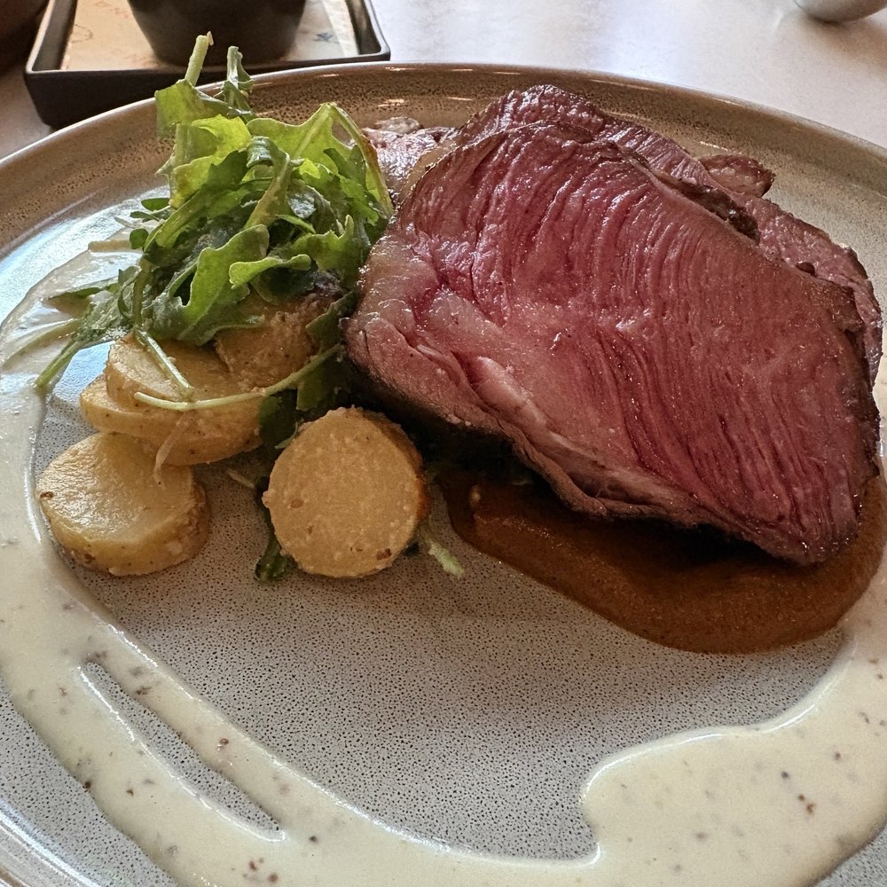 Aiona - Grilled Beef Zabuton (eggplant puree, lemon potato salad, mustard vinaigrette) - Mediterranean Near Me - Sacramento, California