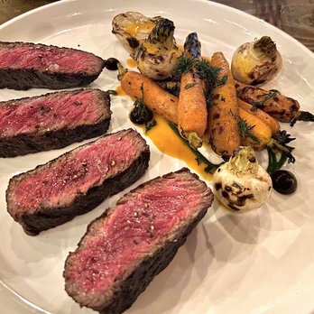 Staple & Fancy - New York strip steak with carrots, turnips, and black garlic purée - Italian Near Me - Seattle, Washington
