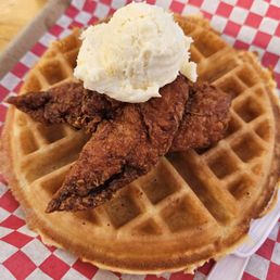 Chicken tender and waffle.