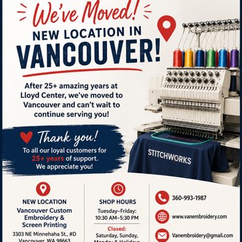 Stitchworks Custom Embroidery - STITCHWORKS has moved to Vancouver, WA after 25+ years at Lloyd Center. Thank you for your support! Same great quality. - Embroidery & Crochet Near Me - Portland, Oregon Stitchworks Custom Embroidery - STITCHWORKS has moved to Vancouver, WA after 25+ years at Lloyd Center. Thank you for your support! Same great quality. - Embroidery & Crochet Near Me - Portland, Oregon