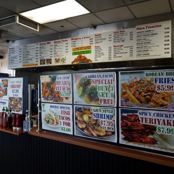 Corner Grille - Menu preview. Big items are the Kalbi burger,  korean fries, and the tacos (chicken, steak, fish, and shrimp.) - Korean Near Me - Van Nuys, California