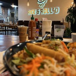 Pho Rice & Roll'd - Thai ice coffee and shrimp and chicken vermicelli with egg roll .