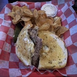 Moonlite Tavern - Patty melt with homemade chips and pickle