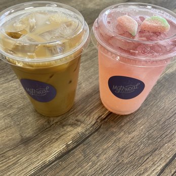 Mythical Coffee - Iced almond milk vanilla latte and watermelon lemonade - Coffee Roasteries Near Me - Gilbert, Arizona Mythical Coffee - Iced almond milk vanilla latte and watermelon lemonade - Coffee Roasteries Near Me - Gilbert, Arizona