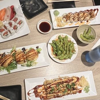 Ahi Sushi & Grill - The stuffed mushrooms in the middle of the photo were delightful! Food was fresh and delicious. - Sushi Bars Near Me - San Marcos, California